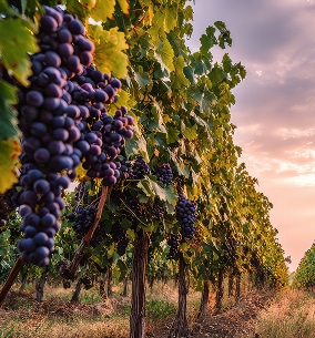 Rangs de vignes chargés de grappes de raisins noirs mûrs sous un coucher de soleil doré dans un vignoble.
