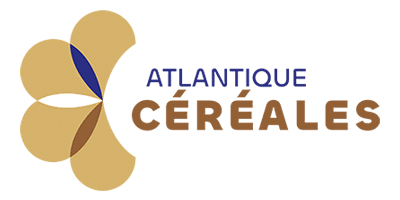 Logo Atlantique Céréales : Identité visuelle du groupe Logo Atlantique Céréales. Symbole floral ou de grain stylisé en or, marron, blanc et bleu. Texte bleu "ATLANTIQUE" et brun "CÉRÉALES".